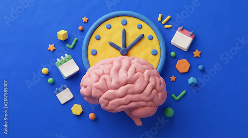 Creative brain illustration with clock and colorful icons representing time management and productivity
