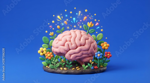 Colorful 3d brain with floating colorful particles and flowers on a blue background