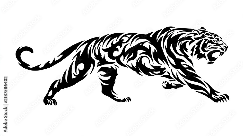 Obraz premium Tribal Running Tiger Attack Pose Tattoo Vector Illustration