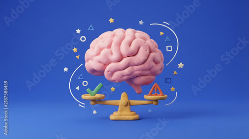 Creative brain illustration with colorful neural connections and balance scales