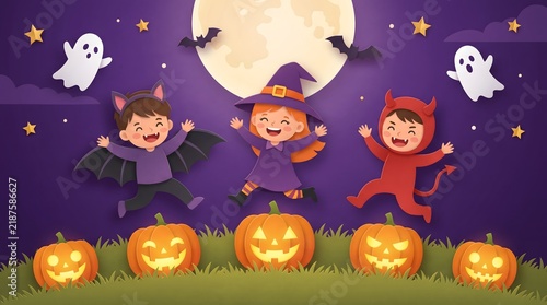 Happy children in Halloween costumes jumping over glowing pumpkins at night