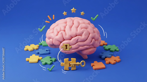 Creative brain illustration with colorful puzzle pieces and icons floating around