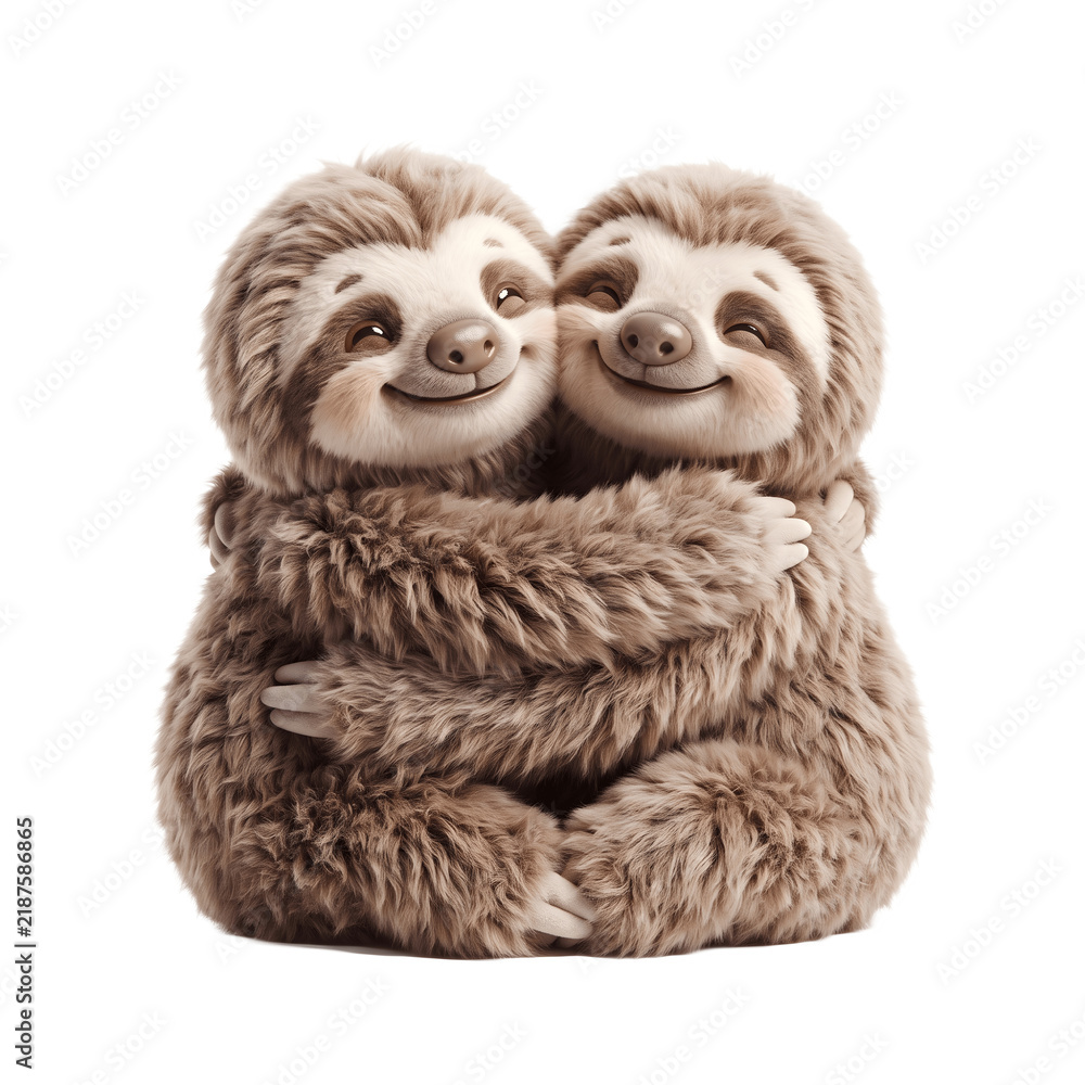 Fototapeta premium Two cute fluffy sloths hugging each other isolated on transparent background