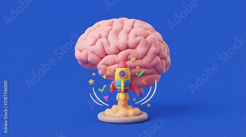 3d illustration of a human brain with colorful neurons highlighted and floating