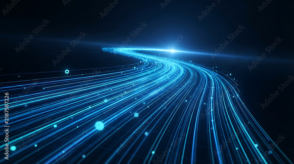 Fototapeta premium Blue neon light trails forming futuristic tunnel effect with vibrant dots