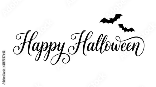 Happy Halloween calligraphy text with flying bats on a white background