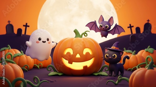 Cute Halloween illustration with a glowing jack-o-lantern and ghost