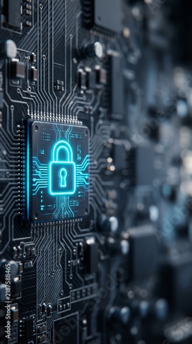 Glowing blue padlock icon integrated into a high tech computer circuit board for digital security