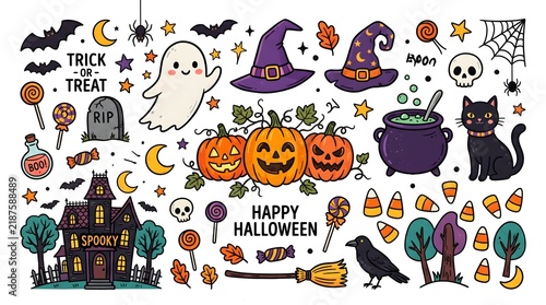 Hand drawn Halloween doodle set with pumpkins ghosts and spooky elements