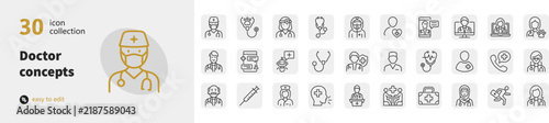 Set of 30 line art vector icons for doctor and medical professional concepts with healthcare symbols
