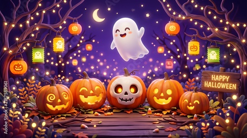 Cute ghost floating above carved jack-o-lantern pumpkins in a night forest