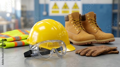 Essential safety equipment including yellow hard hat, goggles, gloves, and high visibility vest laid out on a workbench for industrial or construction site.