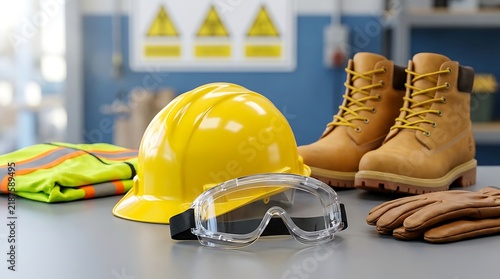 Essential safety equipment including yellow hard hat, goggles, gloves, and high visibility vest laid out on a workbench for industrial or construction site.