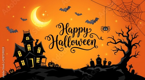 Happy Halloween greeting card design with haunted house and crescent moon