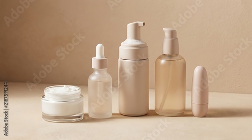 Set of various skincare bottles and cream jars for beauty routine on a soft beige background surface. beauty bundle deals