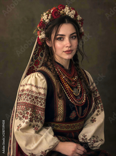 traditional Eastern European or woman in Ukrainian-style folk attire, featuring an embroidered linen blouse, layered red coral-style bead necklaces, and a detailed floral headdress