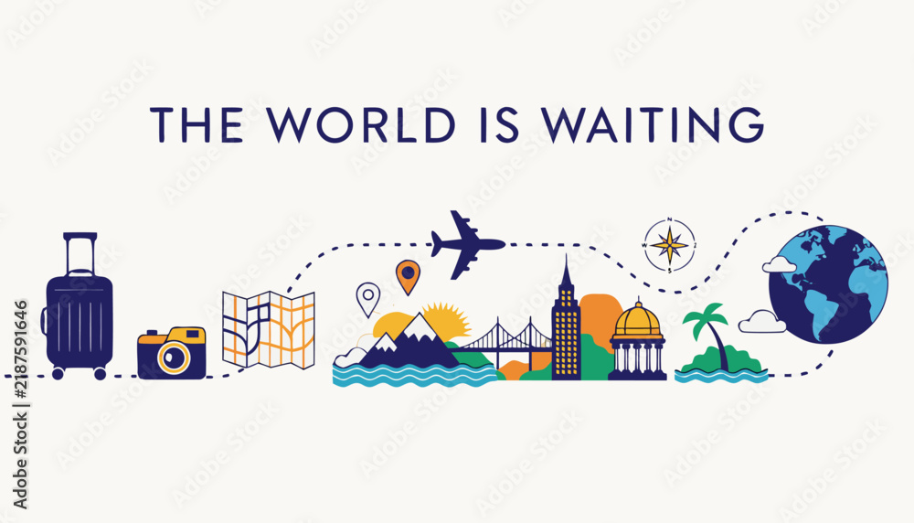 Naklejka premium Vibrant tourism day poster featuring colorful travel icons and global destinations