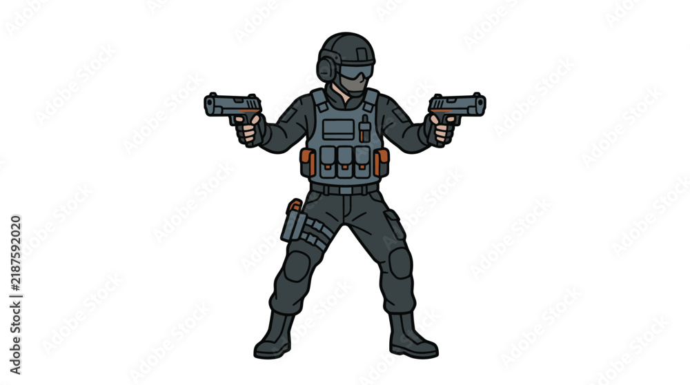 Fototapeta premium Tactical Soldier Character Holding Two Handguns.