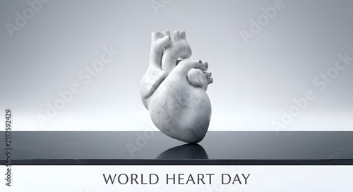 World Heart Day concept featuring a realistic white marble human anatomical heart on a dark reflective surface