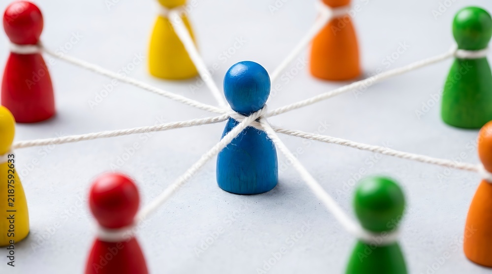 Obraz premium Network of colorful wooden figures connected by white string on a light gray surface representing business relationships and teamwork in organization.