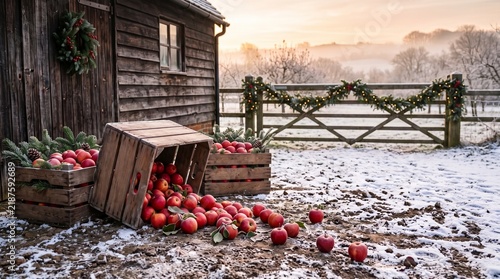 Apples scattered near the farm gate on a snowy Christmas day