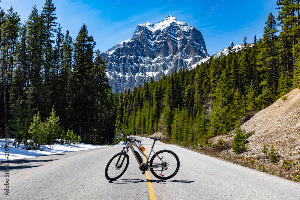 Obraz premium Electric mountain bike standing on a scenic road surrounded by evergreen forest and dramatic snow-covered peaks in the Canadian Rockies, Canada.