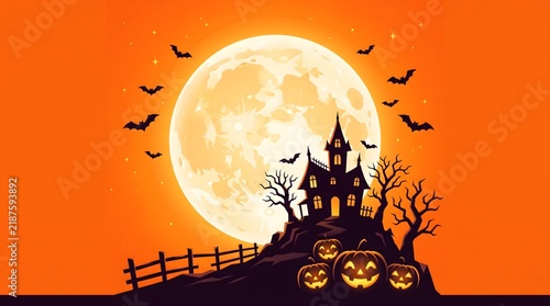 Haunted house silhouette with pumpkins and bats against a full moon background