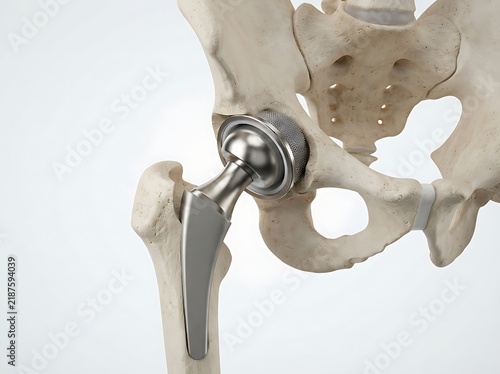 3d illustration of a human hip joint replacement with a prosthetic implant, showing the metal femoral stem and acetabular cup integrated into the pelvic bone