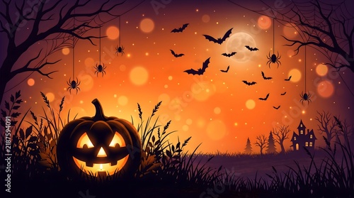 Glowing jack-o-lantern pumpkin in a spooky forest at night for Halloween