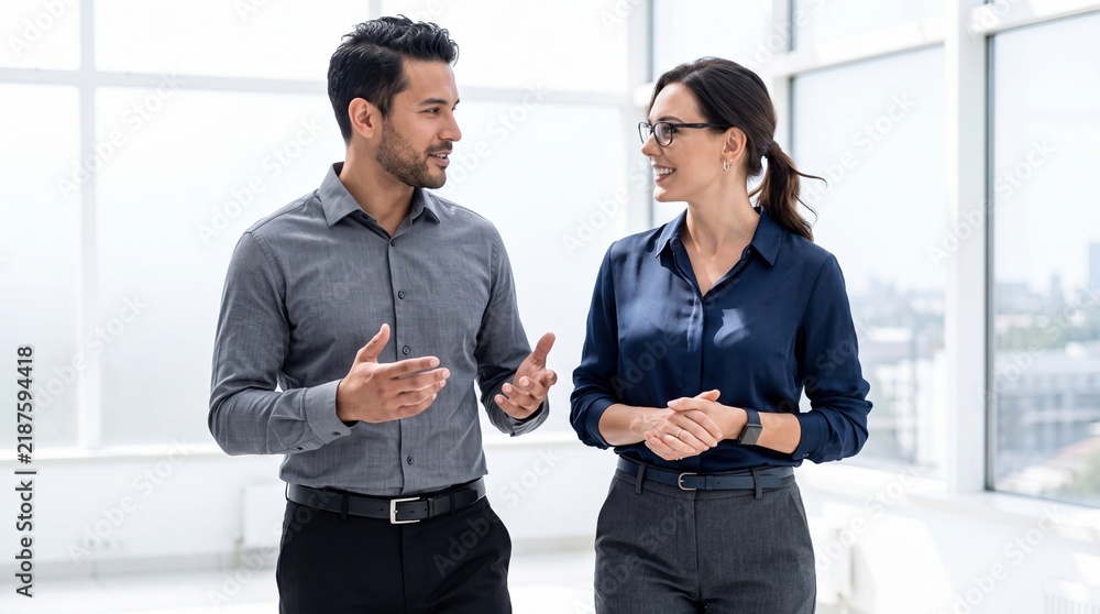 Fototapeta premium Two business colleagues talking and discussing professional matters in a modern office with woman business attire