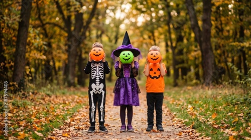 Three children in Halloween costumes holding pumpkin buckets in autumn forest