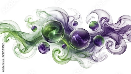 Abstract Halloween Fluid Motion Design with Toxic Green Smoky Swirls and Deep Violet Spheres Isolated on White Background Vector Art
