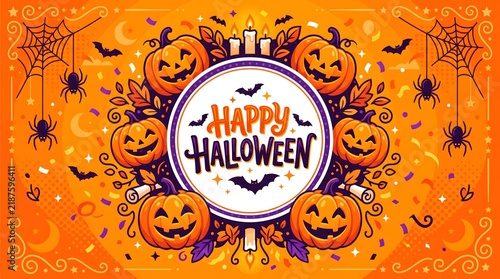 Happy Halloween greeting card design with carved pumpkins and spider webs