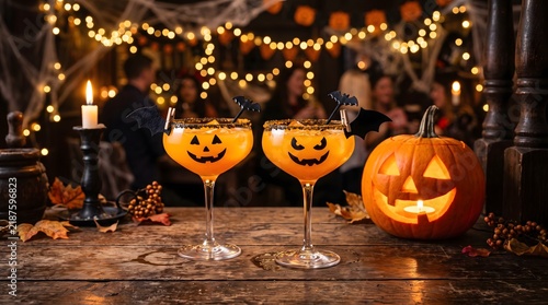 Two orange Halloween cocktails with jack-o-lantern faces on a rustic table