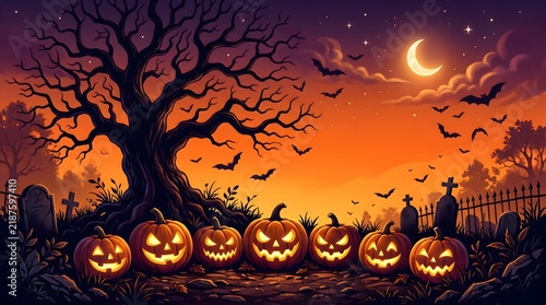 Halloween jack o lanterns lined up under a moonlit tree with flying bats in autumn forest scene