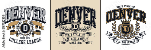 Denver varsity style college league typography designs with royal crest emblems