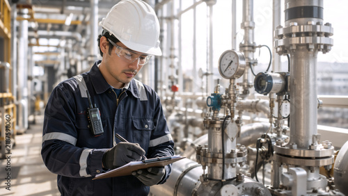A focused industrial engineer wearing safety gear, including a white hard hat, gloves, and protective glasses, is inspecting and taking notes on a clipboard in an oil refinery plant. The setting