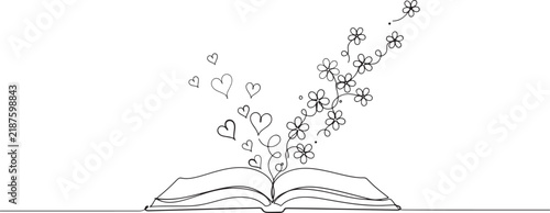 a simple single line drawing of an open book with flowers and hearts flying one line art Editable stroke