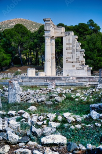 Reconstructed marble columns of the Tholos at the Sanctuary of Asklepios in Epidaurus Greece