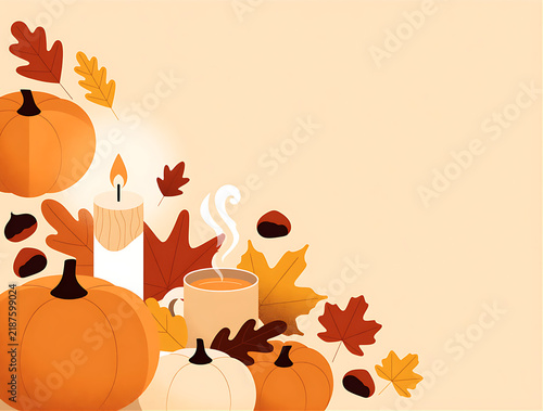 Autumn-themed composition with pumpkins, leaves, and a candle  