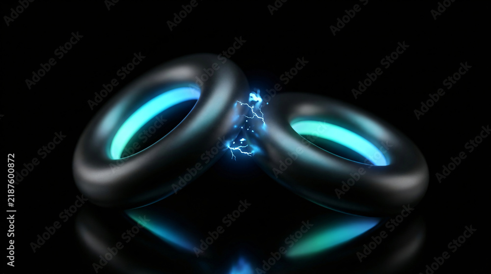 Futuristic toroidal objects with electrical sparks | Abstract blue energy discharge between metal rings | Sci-fi concept of power connection | 3D render of glowing torus shapes with lightning
