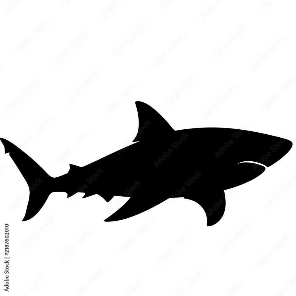 Fototapeta premium Black Silhouette of a Great White Shark Swimming in the Ocean, Minimalist Marine Life Vector Illustration
