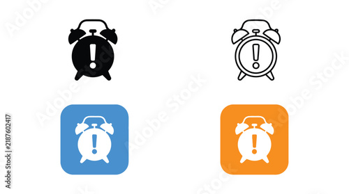 Alarm clock with exclamation mark icon set flat design variations
