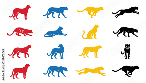 Photography Cheetah Leopard Silhouette Set Fast Wild Cat Poses Vector Mascot Logo Icon Set
