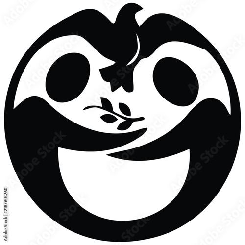 Two embracing figures forming a circular hug icon with a peace dove holding olive branch.