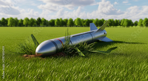Unexploded missile lying in green grass field on sunny summer day