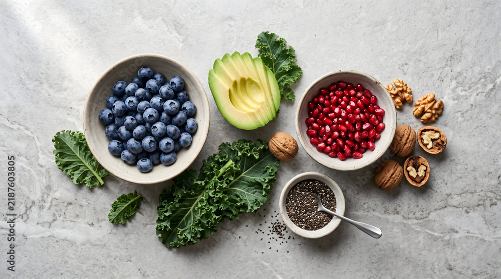 © Sasi - Flat lay top view of healthy superfoods assortment including blueberries, sliced avocado, pomegranate seeds, kale, chia seeds, and walnuts on grey stone background