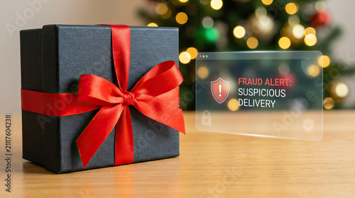 Gift box with red ribbon beside fraud alert warning for suspicious delivery, creating cautious holiday shopping concept with blurred Christmas decoration
