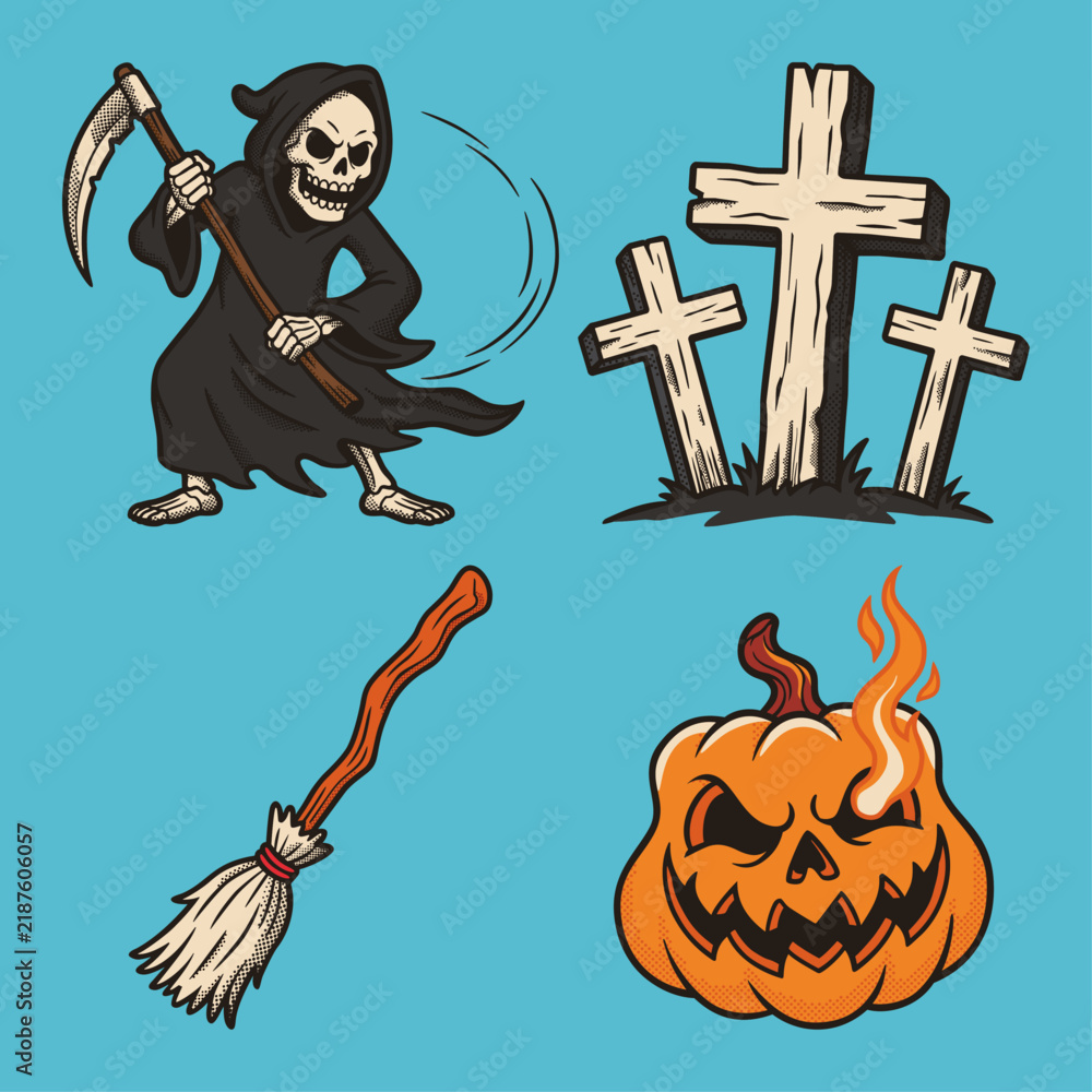 Fototapeta premium Retro Halloween Vector Elements Set with Grim Reaper, Graves, Broomstick and Flaming Jack o Lantern