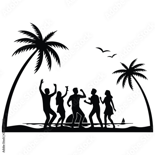 Silhouettes of happy people dancing on tropical beach during sunset party under palms.